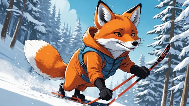 A lively fox in an orange ski suit expertly navigates a snowy slope, showcasing its skill and joy amidst a beautiful winter landscape filled with trees.