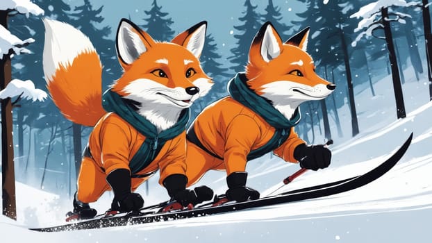 A lively fox dressed in vibrant orange ski gear glides gracefully down a snow-covered slope, surrounded by towering evergreen trees. The scene captures the thrill of winter sports and adventure.