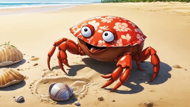 A whimsical crab with an intricate red pattern walks along the sandy beach, surrounded by seashells, under a bright blue sky and the gentle waves of the ocean.