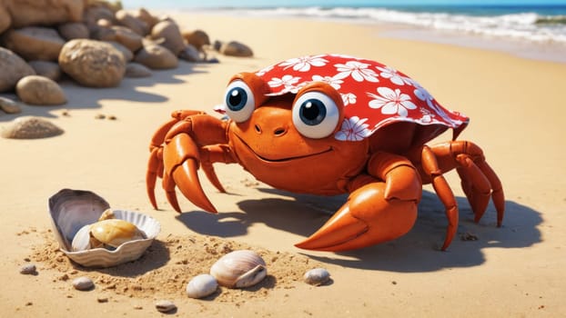 On a sunlit beach, a vibrant crab with big eyes curiously scuttles over golden sand, glancing at a nearby shell. The gentle waves create a tranquil backdrop as nature thrives.