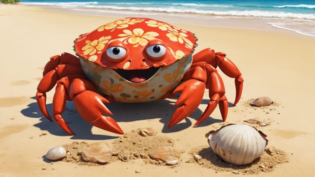 On a sunlit beach, a vibrant crab with big eyes curiously scuttles over golden sand, glancing at a nearby shell. The gentle waves create a tranquil backdrop as nature thrives.
