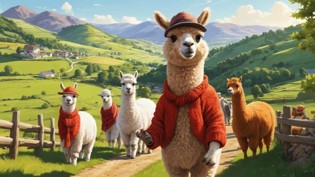 A cheerful llama wearing a red sweater and cap leads a group of llamas through lush green fields, enjoying the sunny weather and vibrant landscape, filled with mountains and farms in the background.
