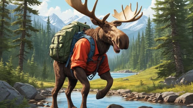 A cheerful moose, outfitted with a green backpack, strolls alongside a clear river in a lush valley. Towering mountains and vibrant pine trees create a picturesque backdrop under a bright blue sky.