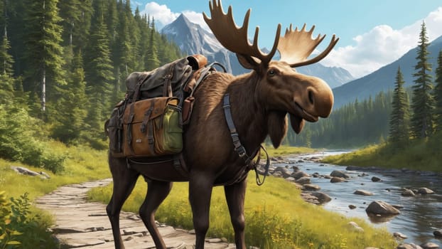 A cheerful moose, outfitted with a green backpack, strolls alongside a clear river in a lush valley. Towering mountains and vibrant pine trees create a picturesque backdrop under a bright blue sky.