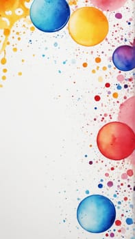 A lively arrangement of colorful spheres in shades of blue, red, orange, and purple splashes joyfully across a white canvas, creating a cheerful and energetic atmosphere.
