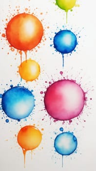 Bright orbs of orange, blue, pink, and green drip with vibrant color, creating a lively and dynamic composition on a clean white canvas, showcasing the beauty of abstract art.