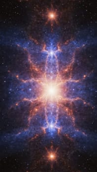 A brilliant cosmic phenomenon unfolds, showcasing a radiant explosion at the center surrounded by intricate swirls of gas and stars, bathing the dark expanse of space in vibrant light.