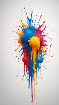 Colorful paint bursts and drips from a central point, blending shades of blue, orange, pink, and red. The vivid splatters create an energetic and artistic display, inviting creativity.