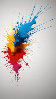Bright splashes of blue, yellow, and red burst energetically against a light gray canvas, showcasing an artistic collision of pigments that evokes creativity and joy in a dynamic display.