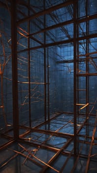 A stunning structure made of metal beams and intertwined branches captures the essence of creativity. The play of light and shadows creates an eerie yet captivating atmosphere in the dimly lit space.