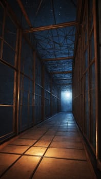 A stunning structure made of metal beams and intertwined branches captures the essence of creativity. The play of light and shadows creates an eerie yet captivating atmosphere in the dimly lit space.