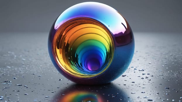 The vibrant iridescent sphere sits on a glistening surface, reflecting hues of orange, blue, and purple. Water droplets enhance the visual impact, creating a magical atmosphere at dusk.