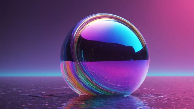 The vibrant iridescent sphere sits on a glistening surface, reflecting hues of orange, blue, and purple. Water droplets enhance the visual impact, creating a magical atmosphere at dusk.