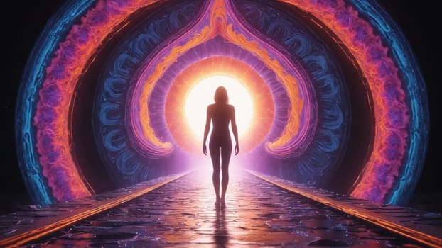 A lone figure walks along a vibrant, swirling pathway, surrounded by glowing orbs of light. The cosmic environment radiates with colors, creating a sense of wonder and exploration.