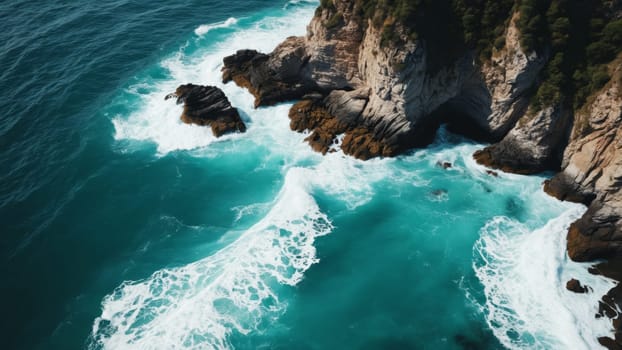 Bright turquoise waters roll gently toward rocky shores, where waves crash rhythmically against cliffs. Sunlight reflects off the ocean, creating a stunning contrast with the greenery above.
