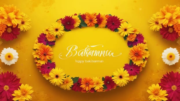 A bright yellow background showcases a beautiful floral design featuring vibrant flowers and heartfelt wishes for Baisakhi. The arrangement radiates joy, unity, and celebration.