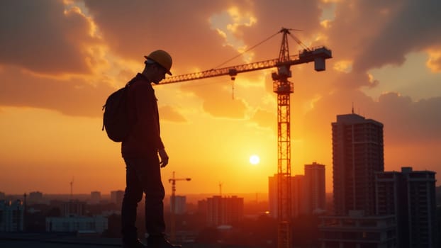 As the sun sets behind a vibrant skyline, a construction worker clad in safety gear stands confidently, observing the progress of towering cranes that outline the urban landscape.