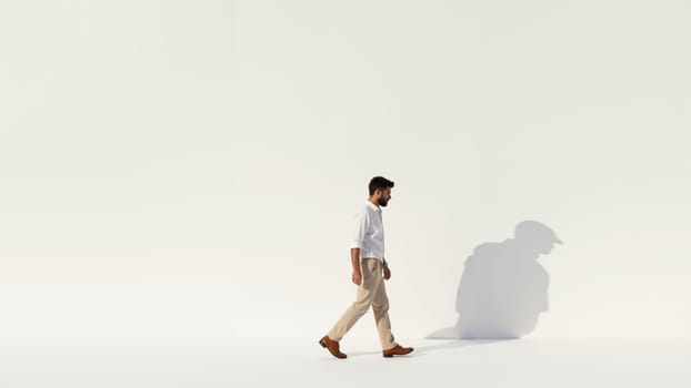 A confident man strides across a clean, minimalist backdrop, highlighting his stylish outfit and relaxed demeanor in soft, natural light, evoking a sense of calm and self-assuredness.