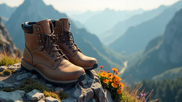 A pair of sturdy hiking boots sit atop a rocky surface, surrounded by vibrant wildflowers against the backdrop of majestic mountains. The sunlight casts a warm glow, inviting adventure.