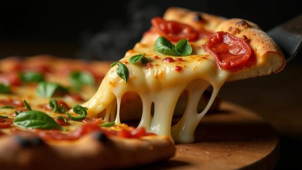 A warm pizza with golden crust features melted cheese and vibrant basil leaves, inviting patrons to savor its rich flavors. Perfectly baked, it offers a rustic and appealing presentation.