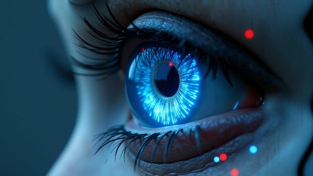 Gazing deeply, a striking robotic eye reveals intricate patterns and a vivid blue glow, embodying technology's potential and artistry.