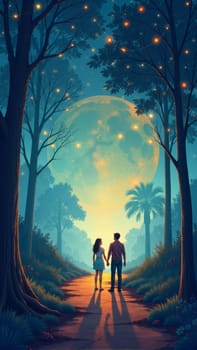 A couple stands hand in hand in a mystical forest at twilight, surrounded by towering trees and vibrant flowers. Soft light illuminates their faces, enhancing the enchanting atmosphere.