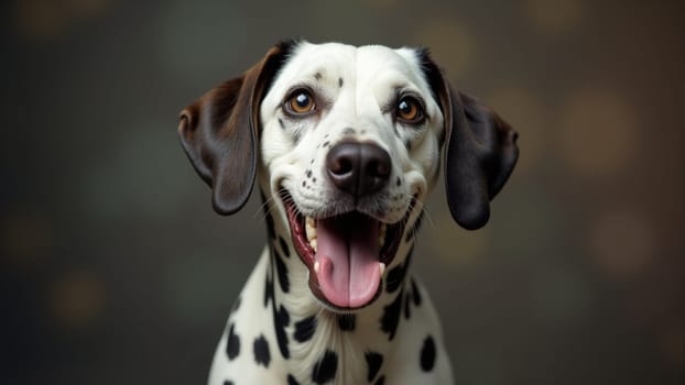 A playful dalmatian showcases its energetic personality, smiling broadly with its tongue out. The backdrop features a blend of colors, enhancing the dog's joyful demeanor and cheerful spirit.