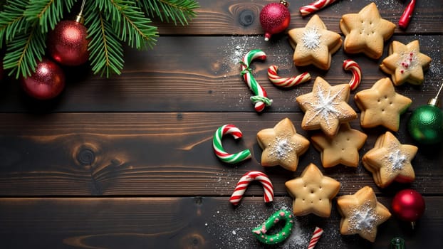 A delightful array of festive cookies and candies adorns a rustic wooden table, creating a charming holiday atmosphere. The colorful sweets evoke the spirit of celebration and joy.