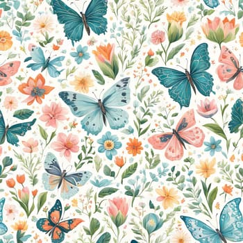 Enchanting scene featuring butterflies fluttering over vibrant flowers, creating joyful, lively atmosphere, for seasonal promotions, nature-inspired decor, decorations, greeting card, digital design