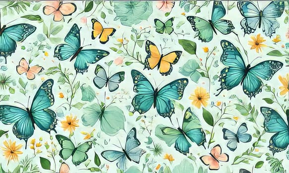 Enchanting scene featuring butterflies fluttering over vibrant flowers, creating joyful, lively atmosphere, for seasonal promotions, nature-inspired decor, decorations, greeting card, digital design