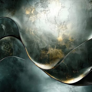 The artwork showcases a blend of metallic surfaces and smooth curves, reflecting light and creating a dynamic interplay of shadows and highlights in a modern aesthetic.