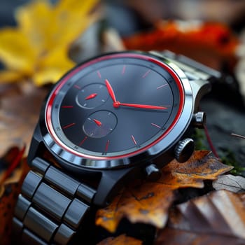A sleek black and red watch blends harmoniously with golden autumn leaves, showcasing the beauty of time in nature.Generative AI