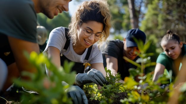 A group of enthusiastic volunteers engages in planting native greenery, fostering community spirit in a lush garden during a cheerful spring day - Generative AI