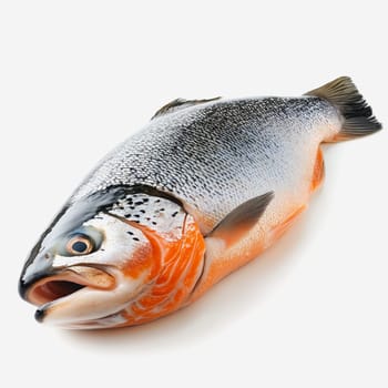A beautifully arranged whole salmon fish showcasing its shiny scales and vibrant colors, ideal for culinary presentations and healthy meal preparations in kitchens.