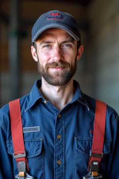 A man with a beard and suspenders smiles confidently, standing indoors at a workshop filled with natural light, showcasing his friendly demeanor - Generative AI