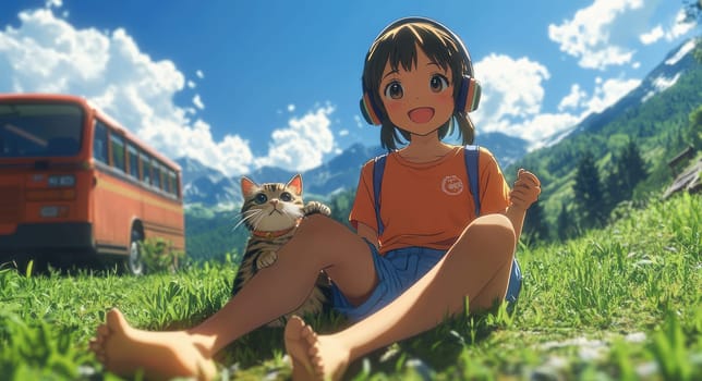 Sunny scene: cheerful young girl basking in sunshine with her beloved cat near vibrant yellow bus, capturing essence of youthful joy, carefree moments, comfort of furry friendship