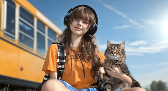 Playful moment: joyful little girl enjoying sunny day, sitting happily with her cat beside bright yellow bus, radiating warmth, innocence, simple pleasures of companionship, sunny adventures