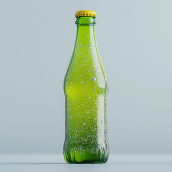 A striking image of a green glass bottle filled with carbonated beverage, adorned with bubbles and condensation, ideal for summer-related marketing materials and beverage promotions.