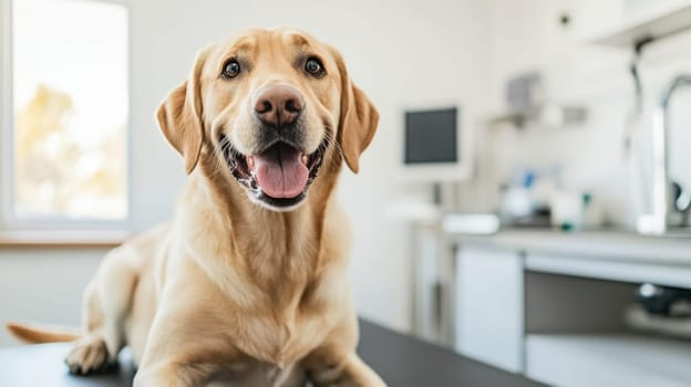 Cheerful dog sits on an examination table while receiving care in a clean, bright veterinary clinic during a routine visit.