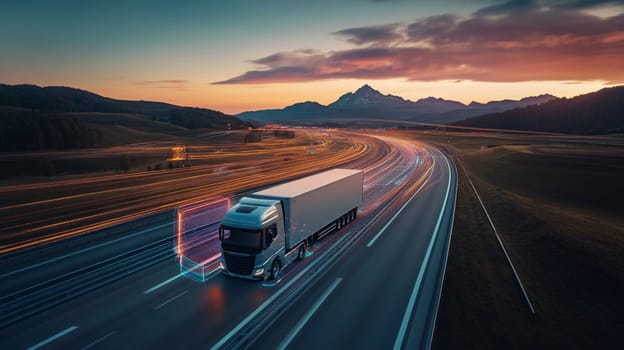 White semi trailer truck speeds along a countryside road at sunset, showcasing the future of transportation and logistics with network connectivity
