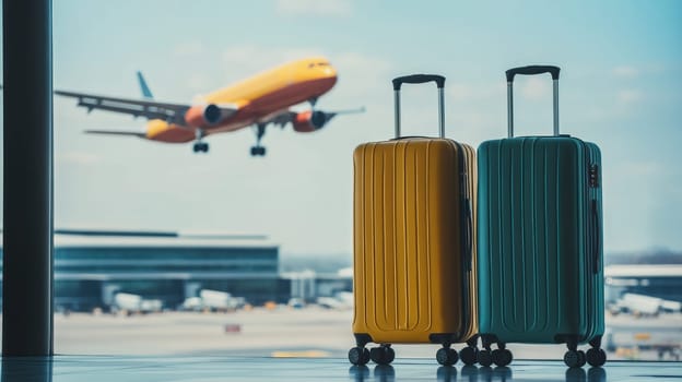 Traveling with two colorful suitcases at airport, with airplane flying in background, evokes excitement and adventure.