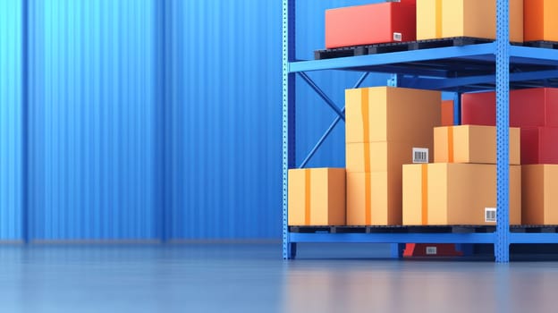 Organized warehouse shelves filled with neatly stacked boxes in various colors. vibrant blue background enhances orderly appearance of storage space, creating sense of efficiency and productivity.