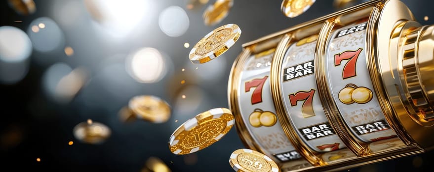 Gambling allure: a dynamic blend of casino elements featuring poker, roulette wheels, chips, and 777, capturing the essence of high-stakes gaming, strategic play, and the pursuit of fortune.
