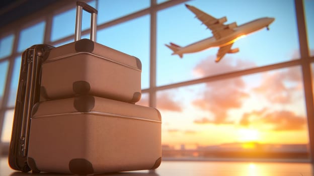 Traveling with two suitcases at airport, airplane flies in background during sunset, creating sense of adventure and anticipation.