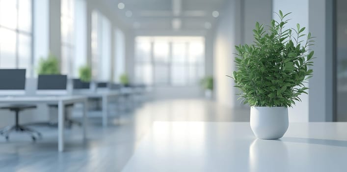 Spacious workspace: bright interior, greenery touch, blank text area, functional layout, peaceful ambiance, natural light, modern aesthetic, serene atmosphere, professional tone, inviting atmosphere