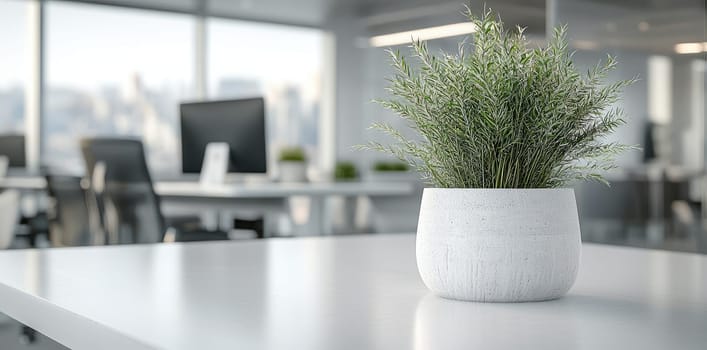 Cosy office: spacious layout, bright lighting, green accents, calming atmosphere, blank text space, modern decor, tranquil environment, natural elements, creative workspace, minimalist design