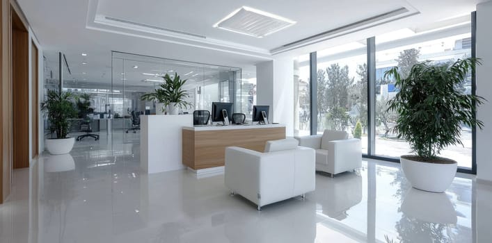 Spacious workspace: bright interior, greenery touch, blank text area, functional layout, peaceful ambiance, natural light, modern aesthetic, serene atmosphere, professional tone, inviting atmosphere