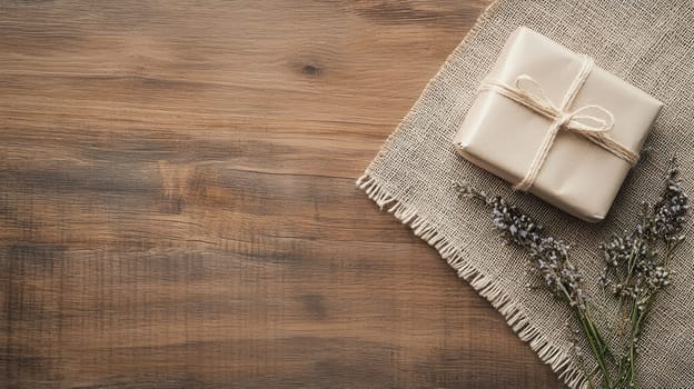 Beautifully wrapped handmade gift box on rustic wooden table, surrounded by dried flowers and burlap fabric, creating warm and inviting atmosphere.