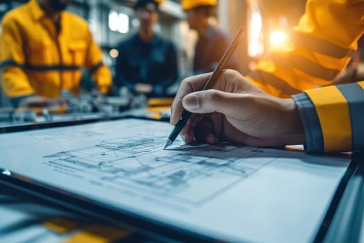 A focused engineer reviews a detailed blueprint on a table, pen in hand, with colleagues in the background. The setting reflects a professional industrial environment.