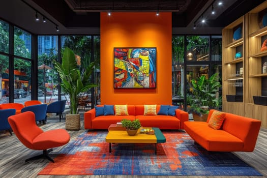 Vibrant living room with colorful furniture and artwork, featuring orange walls, cozy atmosphere, and lush plants. Perfect for relaxation and social gatherings.